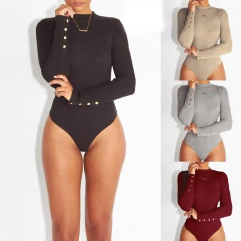 

Solid Ribbed Knit Black Gray Female Bodysuit O Neck Top Women Long Sleeve Fall 2021 Winter Bodycon Keep Warm Khaki Body Sexy