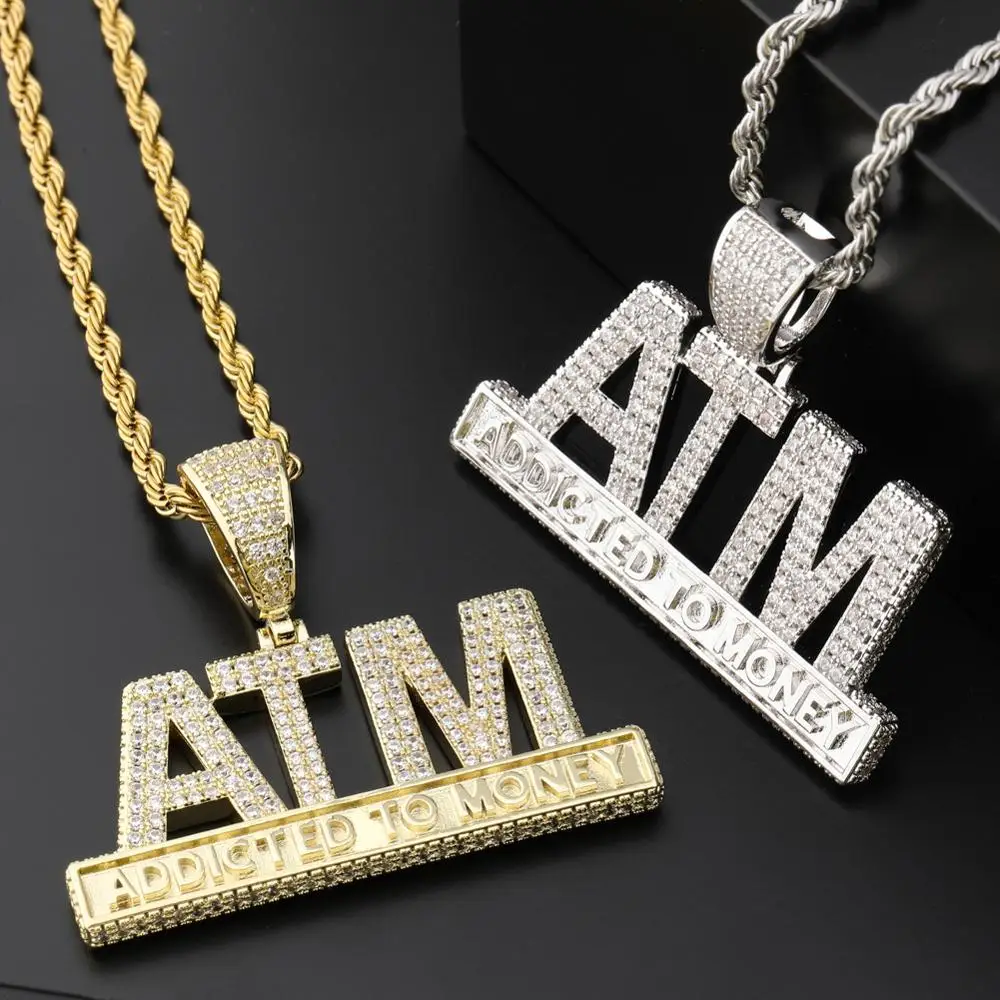 

Iced Out Letters ATM Addicted To Money Necklace & Pendant Bling AAA Zircon 2 Colors Men's Hip Hop Jewelry Gifts
