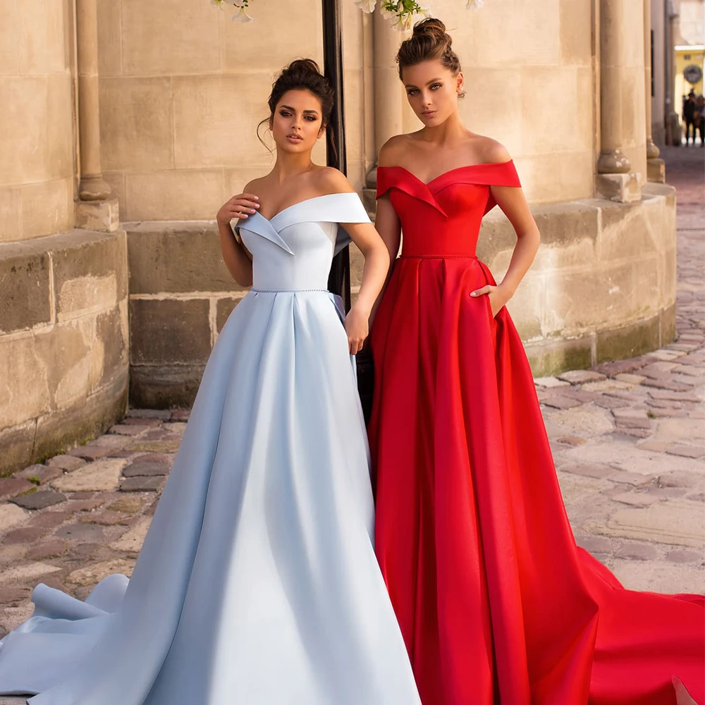 

Strapless Off-The-Shoulder A-Line Floor-Length Evening Dresses for Dinner Party Summer Court Train with Satin Vestido De Noiva