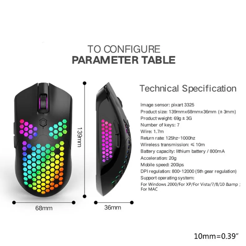 

X2 12000DPI Dual Mode Gaming Mouse 7 Keys Hollow Out Design Wireless Mouse with RGB Light Effect for Laptop PC Computer