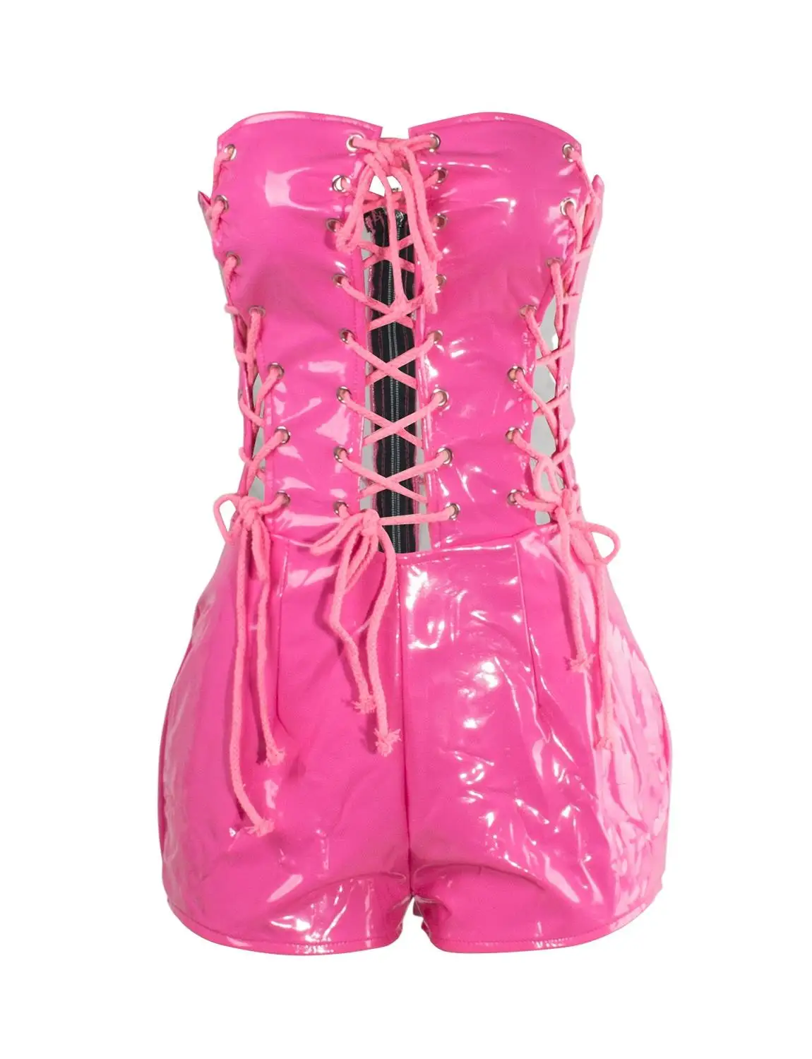Pink jumpsuits VWIWV, Модный женский короткий комбинезон, DeepV, на шнуровке, без бретелек, с вырезами, комбинезоны с открытыми плечами, на молнии, летние женские комбинезоны - Цвет: Pink jumpsuits