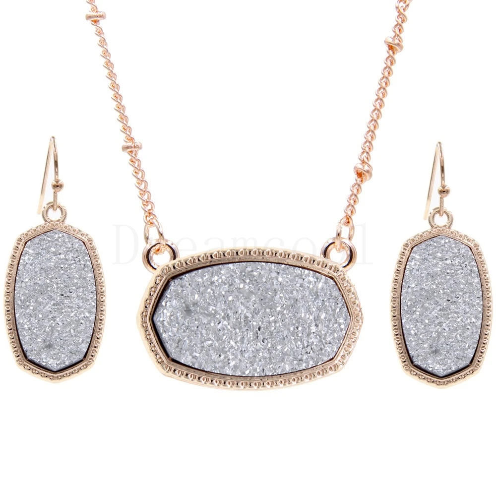 Овальная Смола Druzy Drusy кулон ожерелье серьги ювелирный набор шестигранные