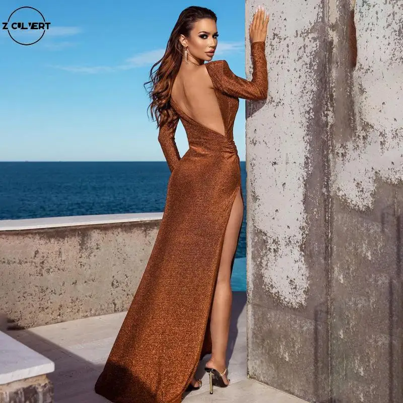 

Z Culvert 2021 Fall winter Fashion Solid Sexy Backless High split Long Sleeve O Neck asymmetrical temperament Side Slit dresses