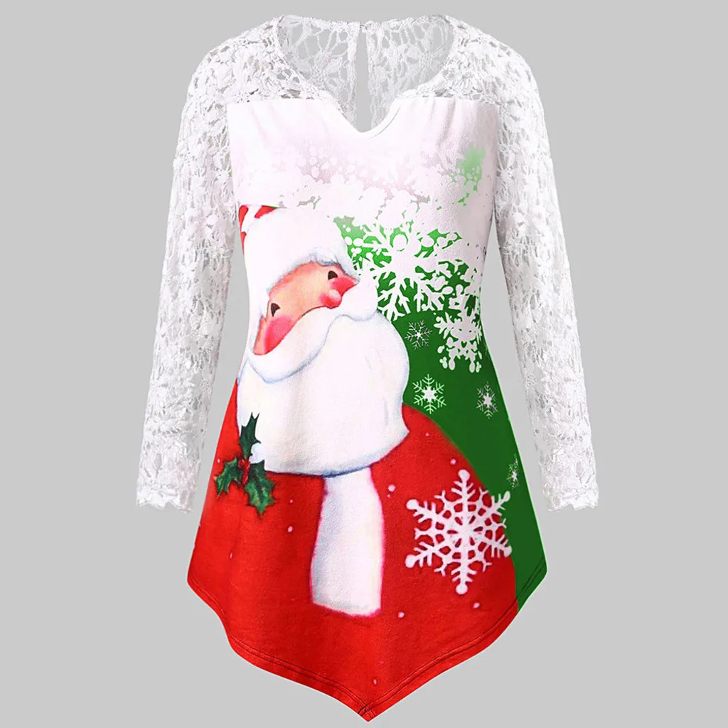 

Autumn Winter Woman T shirts Merry Christmas Plus Size Printed Lace Patchwork Asymmetrical T-shirt Tops ropa de mujer 2020
