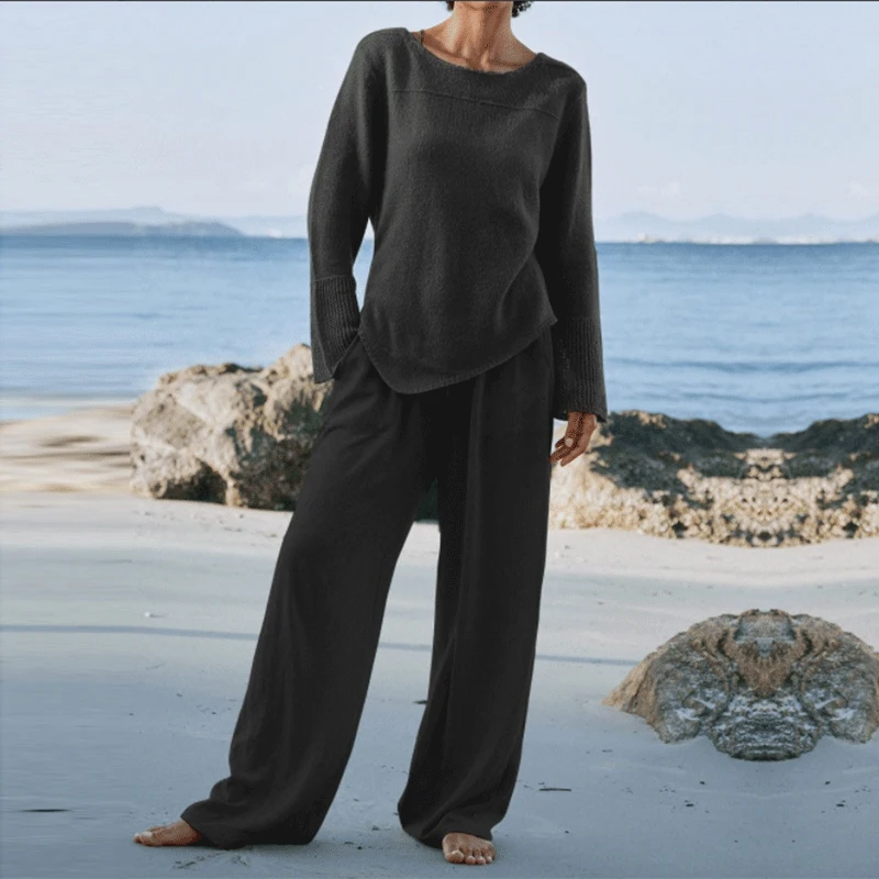 

Женский комплект из двух предметов, элегантный однотонный пуловер с круглым вырезом и длинным рукавом и длинные брюки, повседневный свитшо...