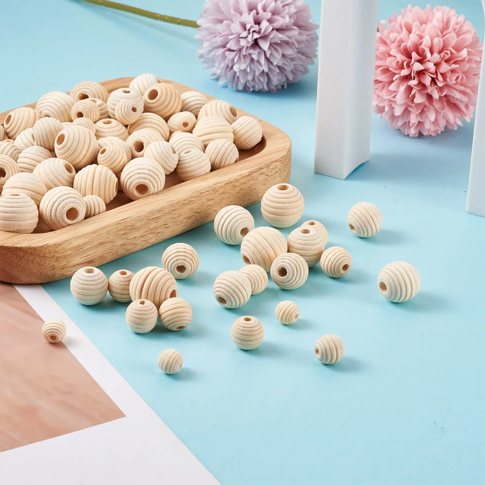 300Pcs 6 Styles Natural Thread Wooden Beads Large Hole Round Wood Spacer Beads for Bracelet Needlework Crafts DIY Jewelry Making