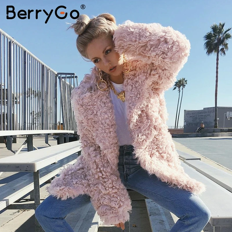 BerryGo модная уличная одежда больших размеров длинное пальто женское плюшевое розовое повседневное осеннее пальто Верхняя одежда теплое зимнее пальто из искусственного меха для женщин