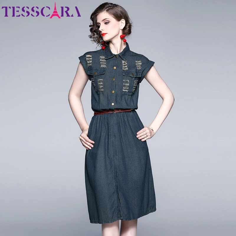 Женское джинсовое платье TESSCARA элегантное винтавечерние ное вечернее без рукавов
