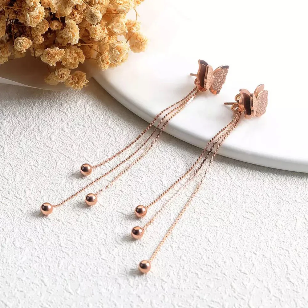 

New Arrival Fashion Butterfly Tassel Dangle Earring Line Rose Gold Color Woman Gift Titanium Steel Jewelry Not Fade