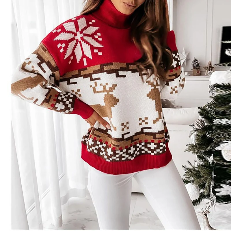 

Christmas Turtleneck Elk Printed Knit Women Sweater Winter Fashion Warm Loose Pullover Sweater Lady Elegant All-match Sweaters