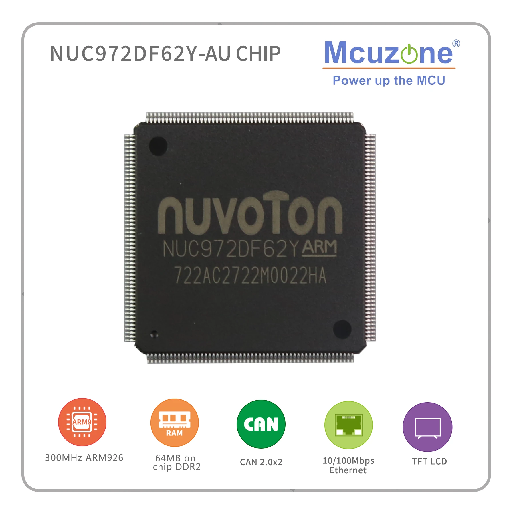 NUC972DF62Y NUVOTON ARM926 ядро на основе Soc с чипом 64 Мб DDR2 2 * CAN 8 UART USB LCDC CMOS интерфейс кодек |