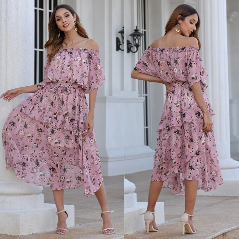

New Fashion Women Summer Boho Dress Women Sweet Printed One Word Shoulder Waist Ruffle Long Dress Woman