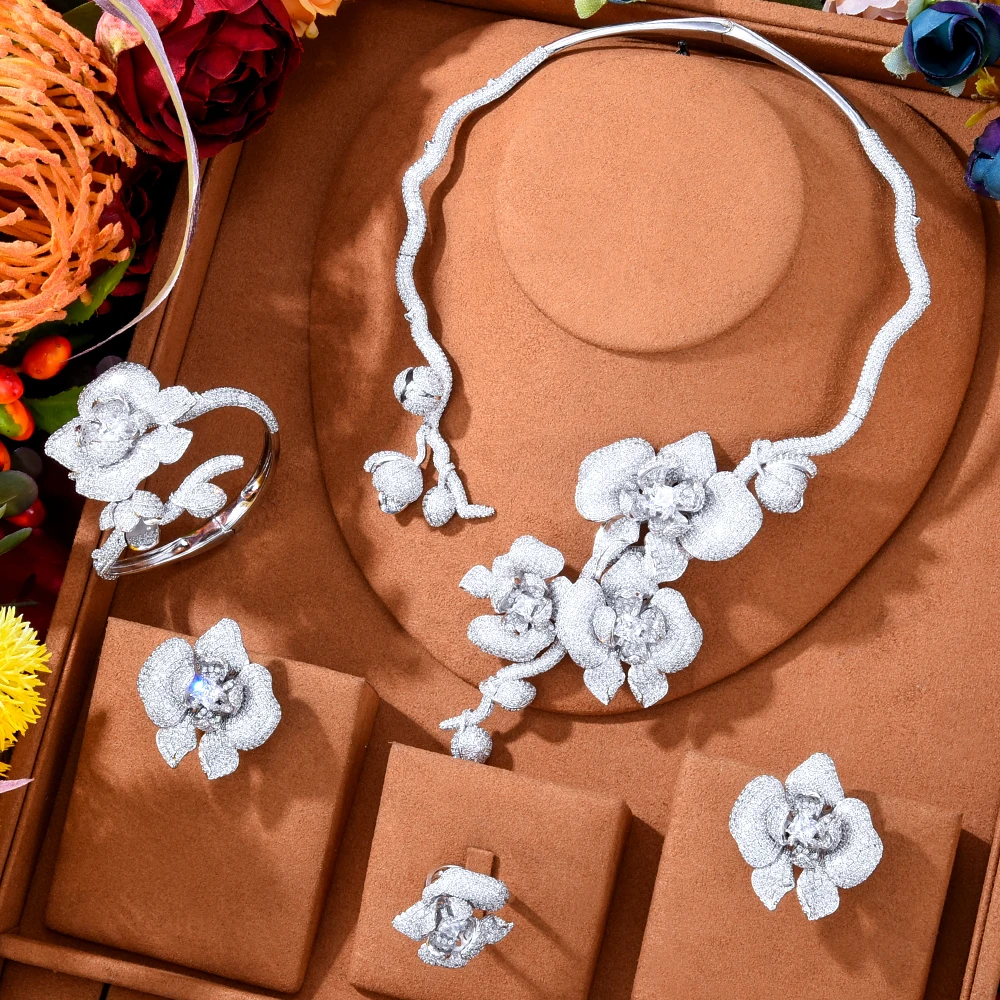 Эксклюзивный дизайн Siscathy, роскошное ожерелье в виде цветка из микро-кубического циркония, свадебные серьги набор украшений для женщин