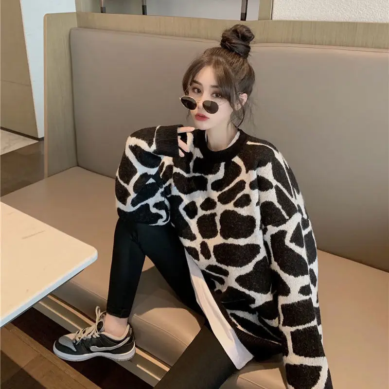 

2021 Autumn Winter Women Leopard O Neck Sweater Female Thick Warm Pullovers Top Ladies Loose Soft Jumper Knitwear Outfits Q45