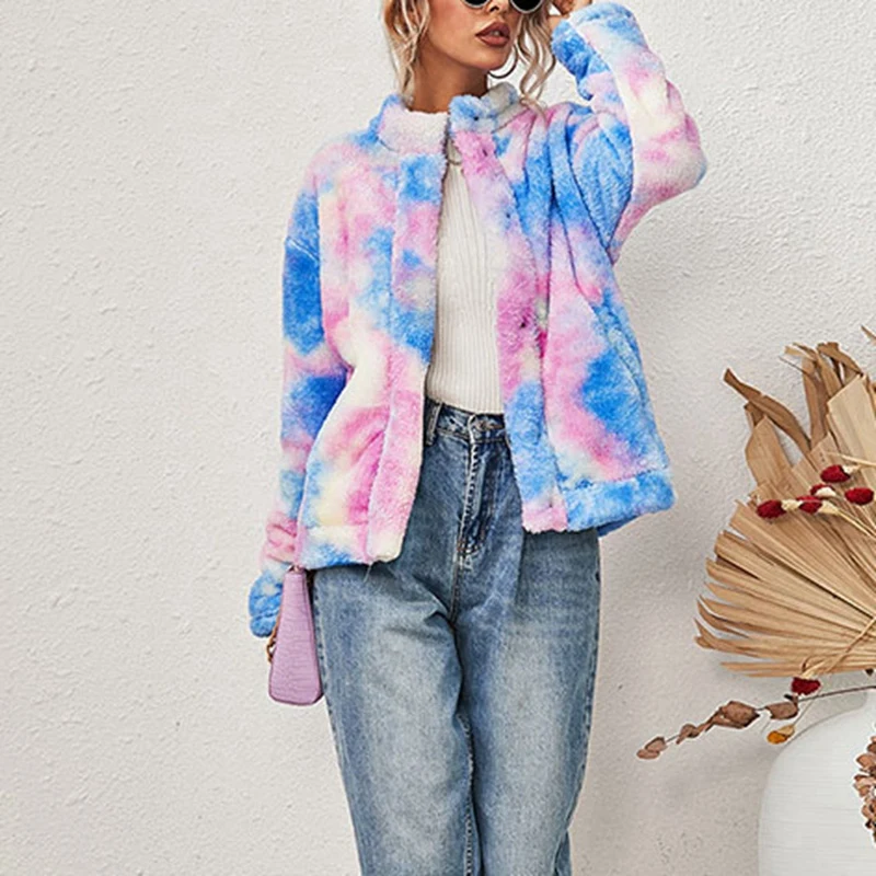 

Women'S Fashion Casual Tie-Dye Printing Double-Sided Plush Long-Sleeved Loose Jacket