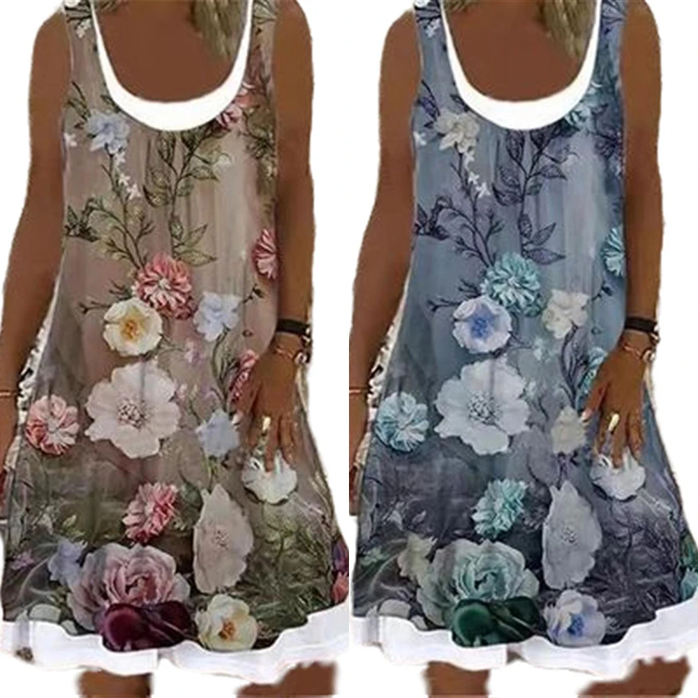 

Round Neck Sleeveless Faux Two Printed Floral Vest Dresses for Ladies Summer Women's Dress With Strap Vest Keen-length Dress