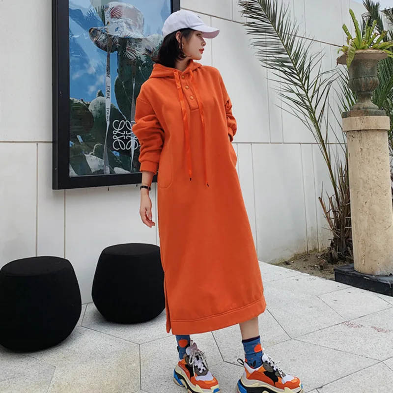 [EWQ] одноцветная длинная свободная толстовка с пряжкой на пуговицах 2019 осень зима