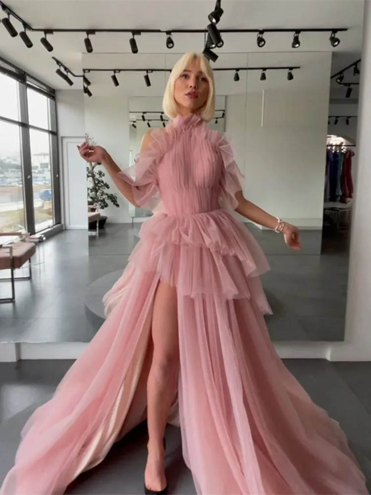 

Sexy Tulle Ruffles Prom Dresses Backless Pleated Strapless High Split With Train Ball Gown Women Pageant Evening Gowns