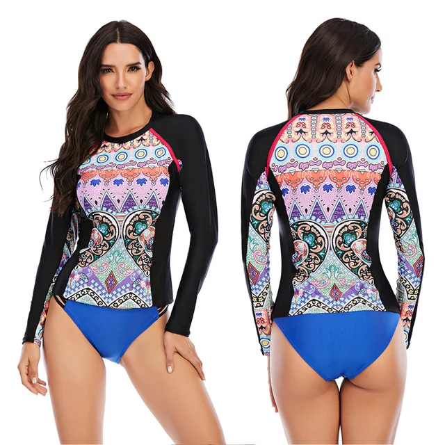 

Women's Rash Guard Sun Protection UV Surf Tops & Bottoms Two Piece Long Sleeve Swim Shirt Zipper Front Tankini Swimsuit