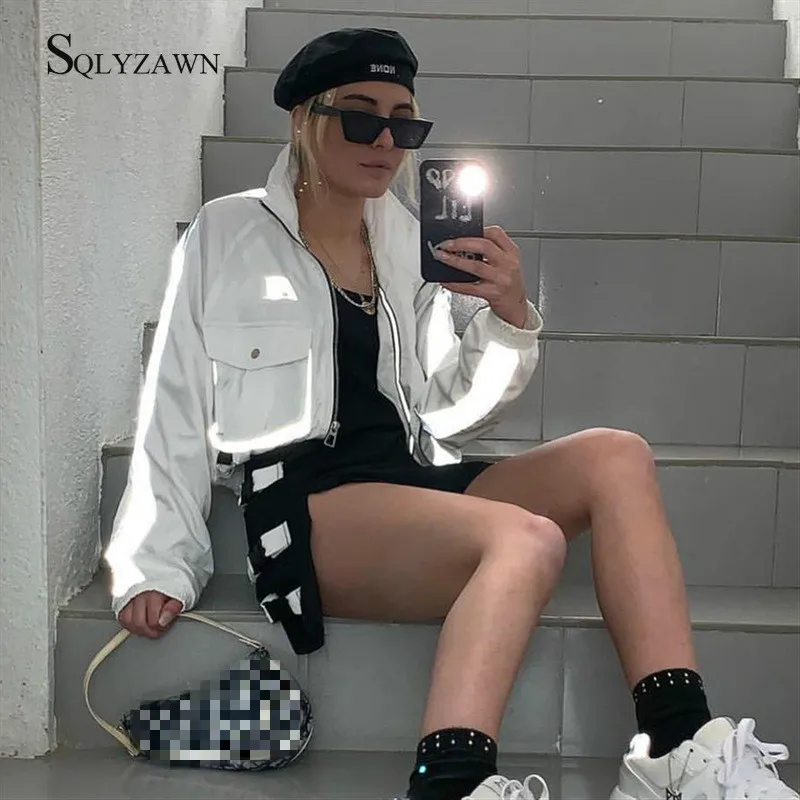 

Women Cropped Jacket Fashion Autumn Turtleneck Pullover Night Reflection Coat Ins Female Loose Zipper Big Pockets Outwear Coat