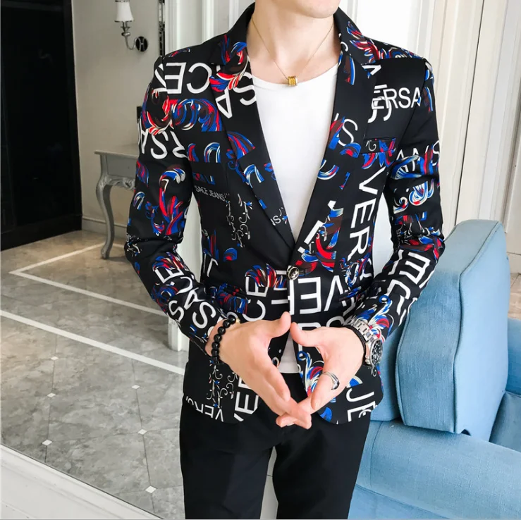 

Men Blazer Luxury Flowers Allover Printing Prom Suit Blazers Single Button Party Male Nightclub Slim Fit Wedding New Suit Jacket
