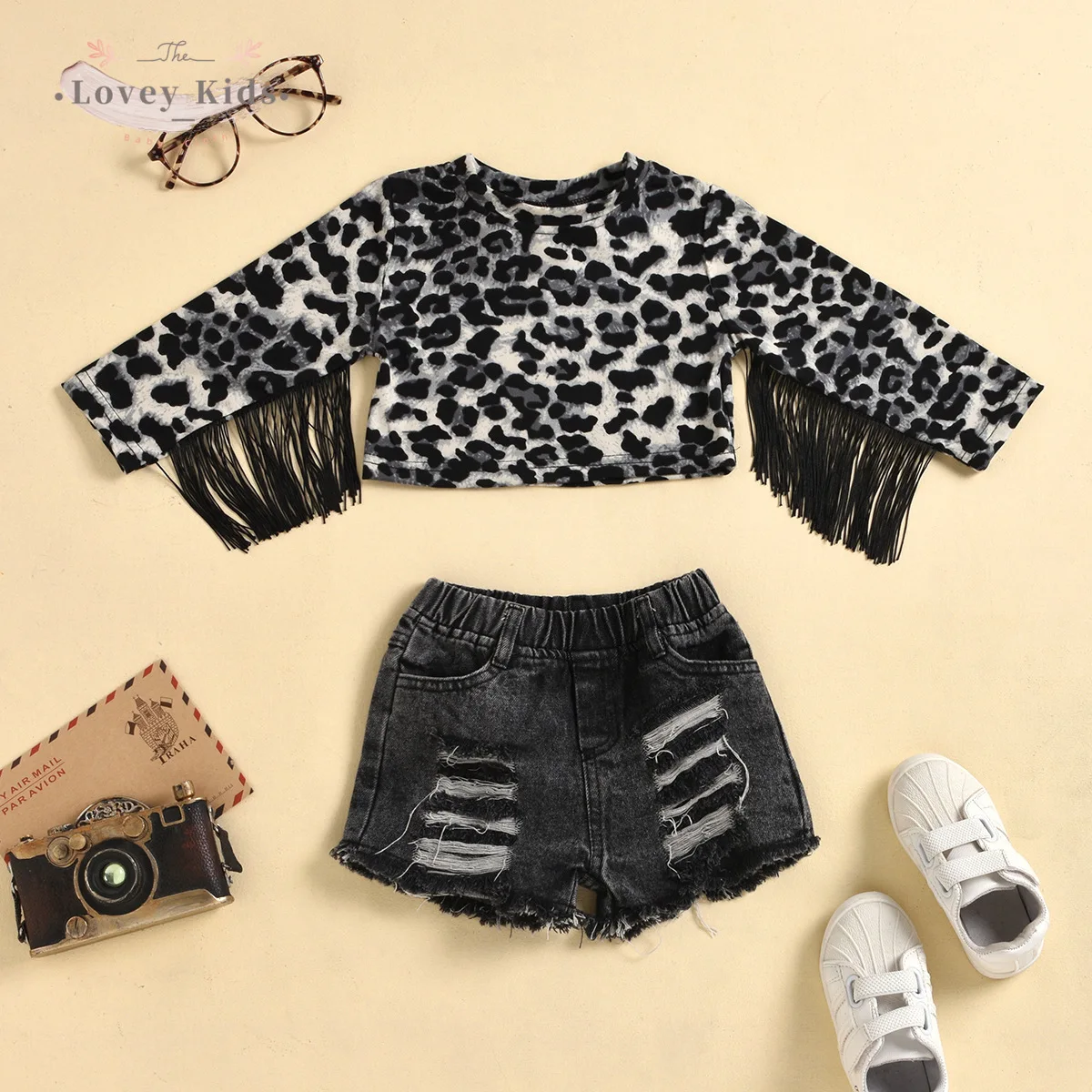 

2020 Autumn Toddler Kid Baby Girl Clothes 1-6Y Leopard Long Sleeve Crop Top Tassel Denim Jeans Shorts 2Pcs Children Outfit