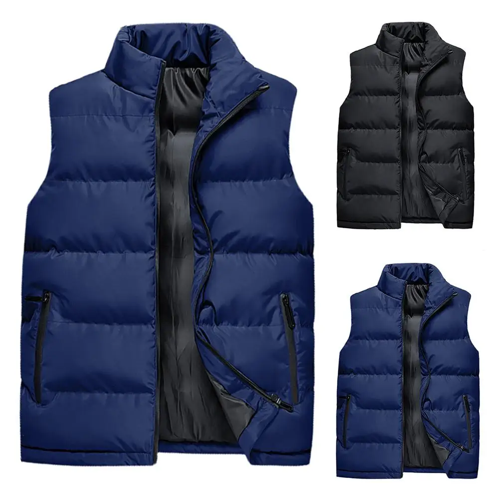 

Men Winter Solid Color Sleeveless Vest Jacket Stand Collar Thick Warm Waistcoat
