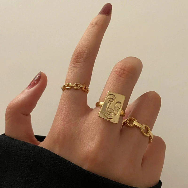 3 шт./компл. набор колец с толстой цепочкой золотого цвета квадратным улыбающимся