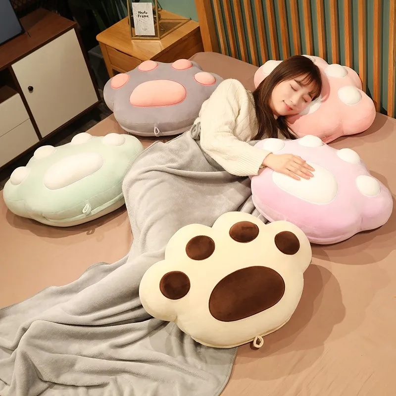 Nice Kawaii Soft Cat Paw Pillow with Blanket Stuffed Plush Sofa Bed Cushion Indoor Home Chair Decor Winter Children Girls Gift