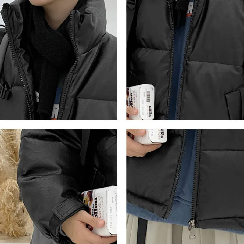 

New PU Leather Winter Men Casual Parkas Windproof Thicken Warm Stand Collar Black Outwear Coats Fashion Simple Harajuku Ulzzang