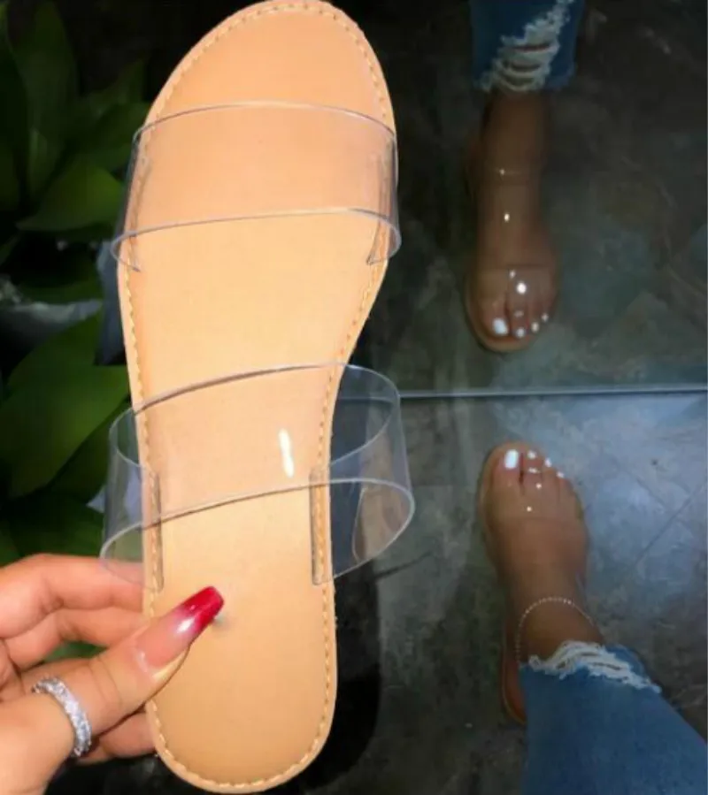 Новинка 2019 года женские шлепанцы Летние прозрачные с открытым носком на плоской