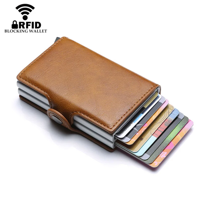 

Double Layers Anti Rfid Men Genuine Leather Credit Card Holder Metal Id Card Case Aluminium Card Protection Male Travel Wallet