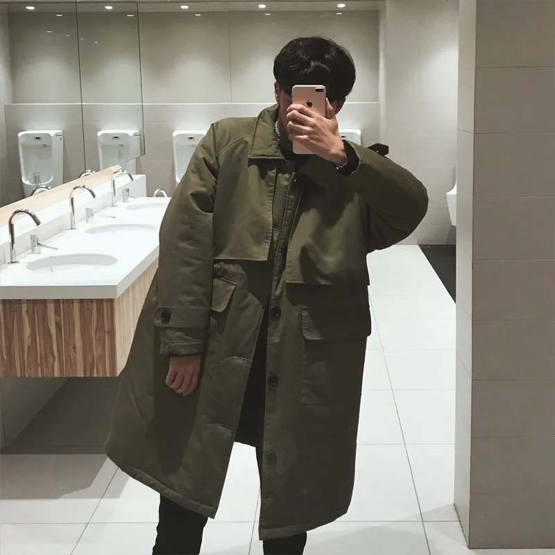 Мужская парка в стиле милитари зеленая Длинная ветровка теплая Молодежная