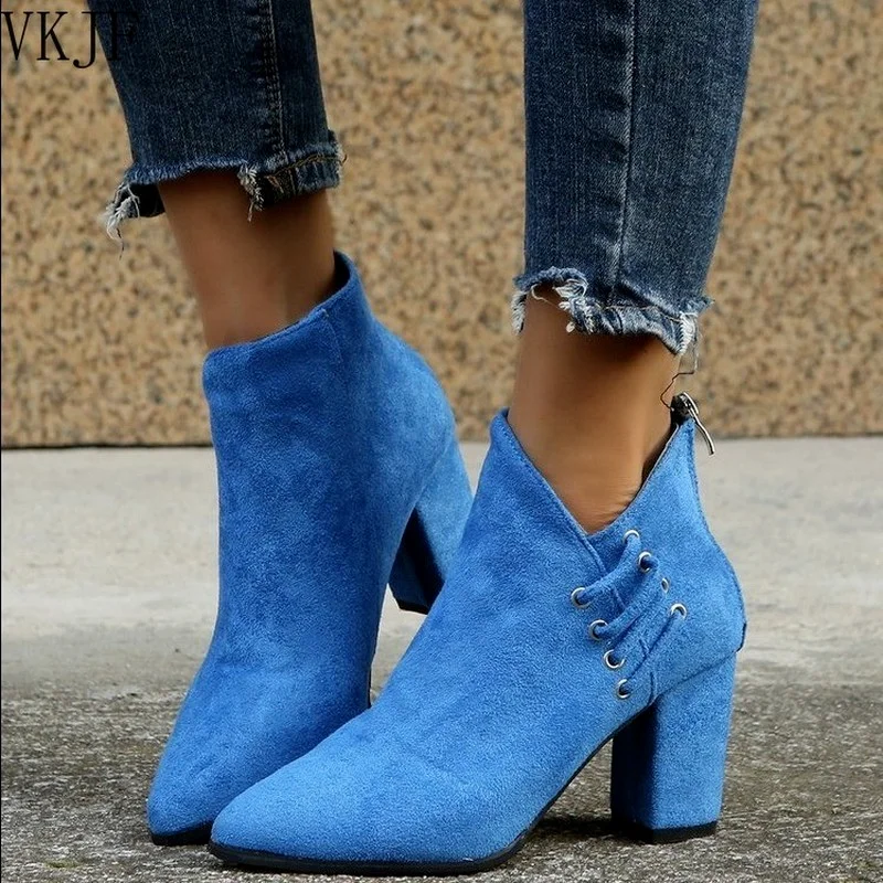 

Women Ankle Boots 2021 Fashion Boots Woman Autumn Winter Pointed Toe High Heels Zipper Female Shoes Booties Females Botas Mujer