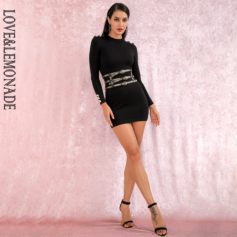 Женское мини платье LOVE & LEMONADE черное/золотое облегающее на пуговицах с длинным