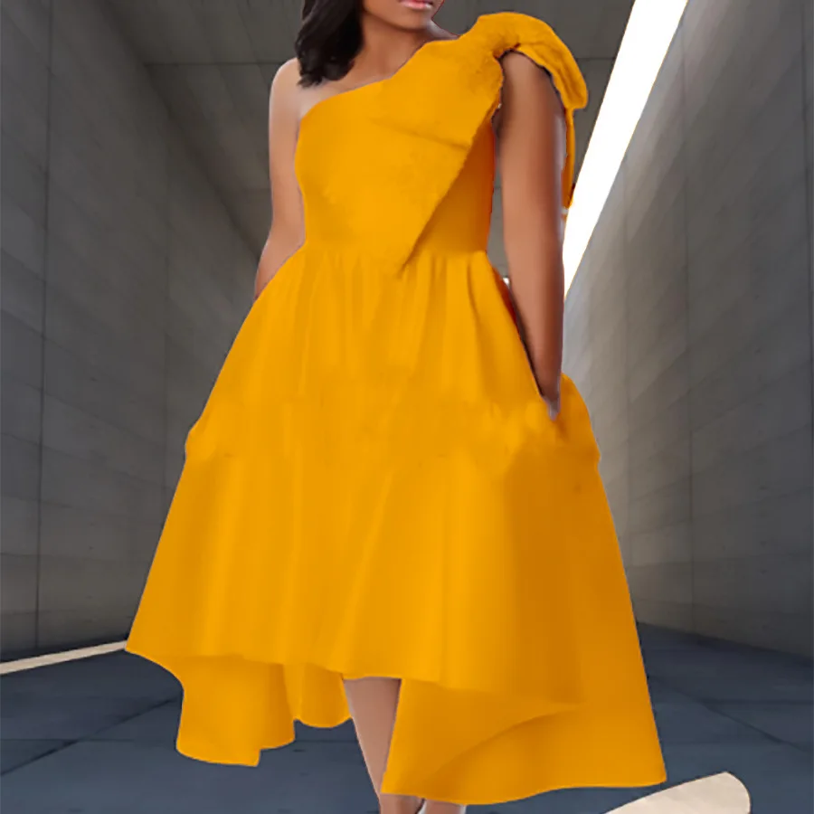 

Summer Sexy One Shouldr Design Party Dresses Women Fashion Elegant Pure Color Bow Irregular Dresses Lady Casual Loose Dresses