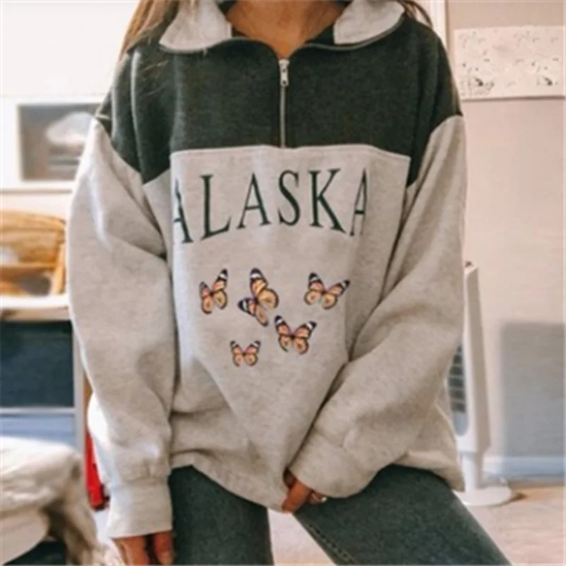 

2021 Vintage Zip Up Women Sweatshirts Streetwear Letter Printed Hoodies Autumn Long Sleeve Casual Loose Warm Fleece Sweatshirt
