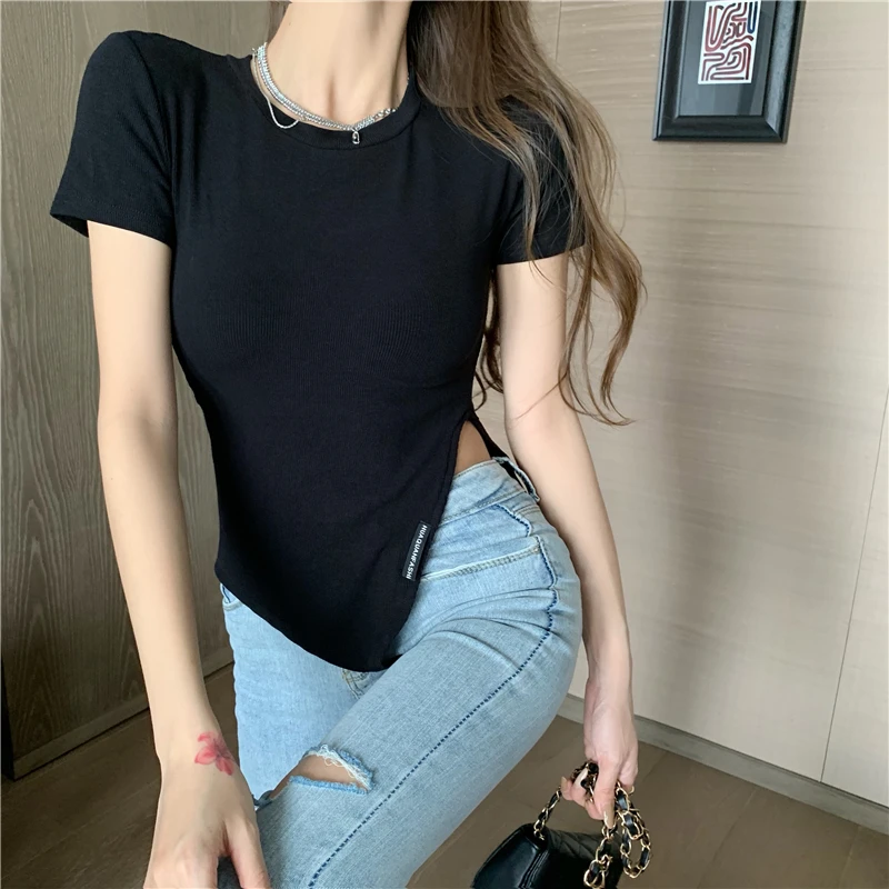 

Korean style Summer The New Bifurcation irregular O collar Women T-shirt Short Sleeve Female Sexy Tshirt Tops