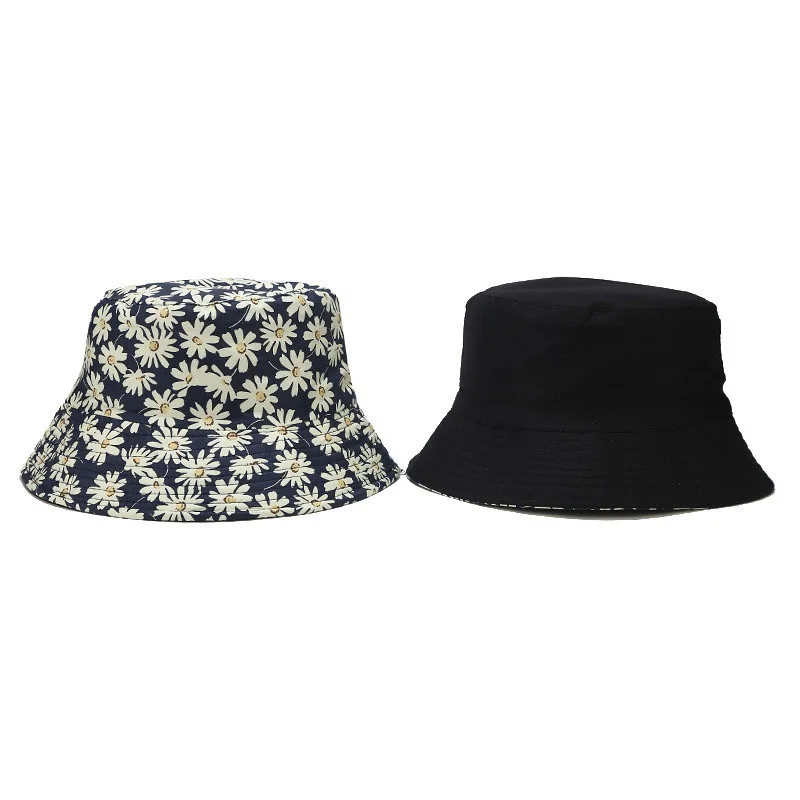 

New Hat Small Chrysanthemum Women fisherman's cap Printing Double-sided Sun Ha