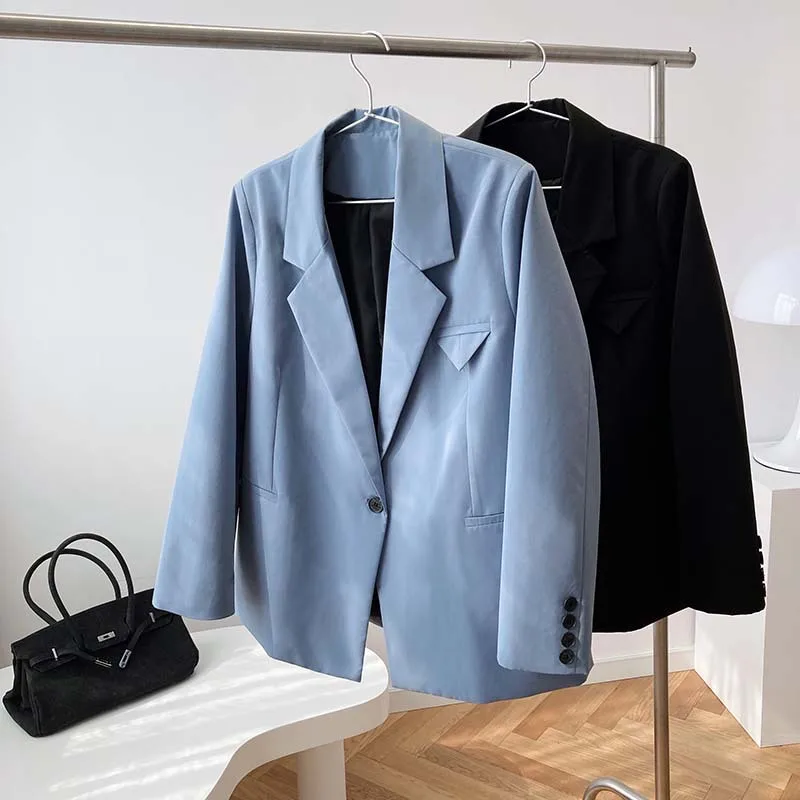 

Vintage Spring Single Button Notched Women Blazer Jackets Female Retro Casual Autumn Suit Jacket Business Wear Tops