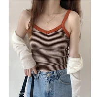 harteen women knitted striped crop tops female pactwork straps streetwear brow camisole slim cute tanks camis 2021 summer tshirt
