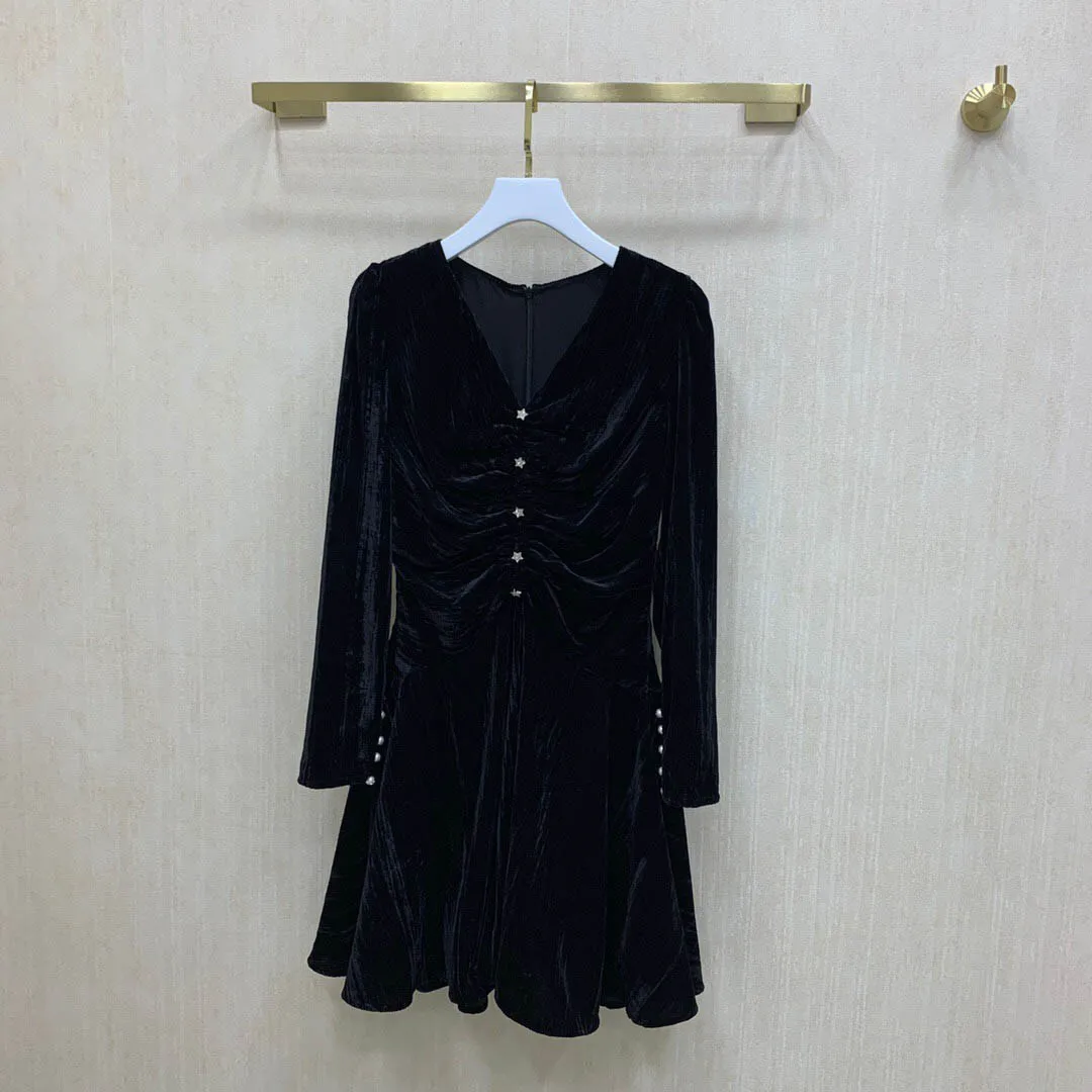 

Luxury Brand Black Velvet Dress for Women Top Quality 3D Cut Long Sleeve V-neck Dress Fashion High Waist Slim A-line Dress Lady