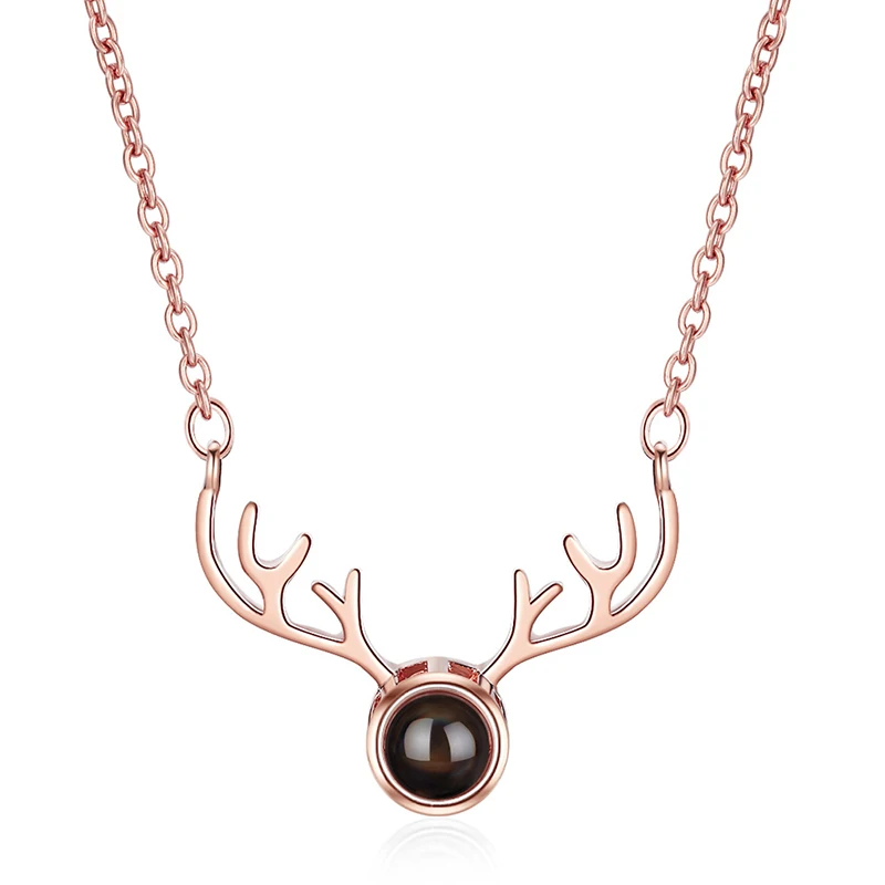 

Fanqieliu Crystal Antlers Pendant Necklace For Women Rose Gold 100 Languages I Love You Projection Necklace FQL20047