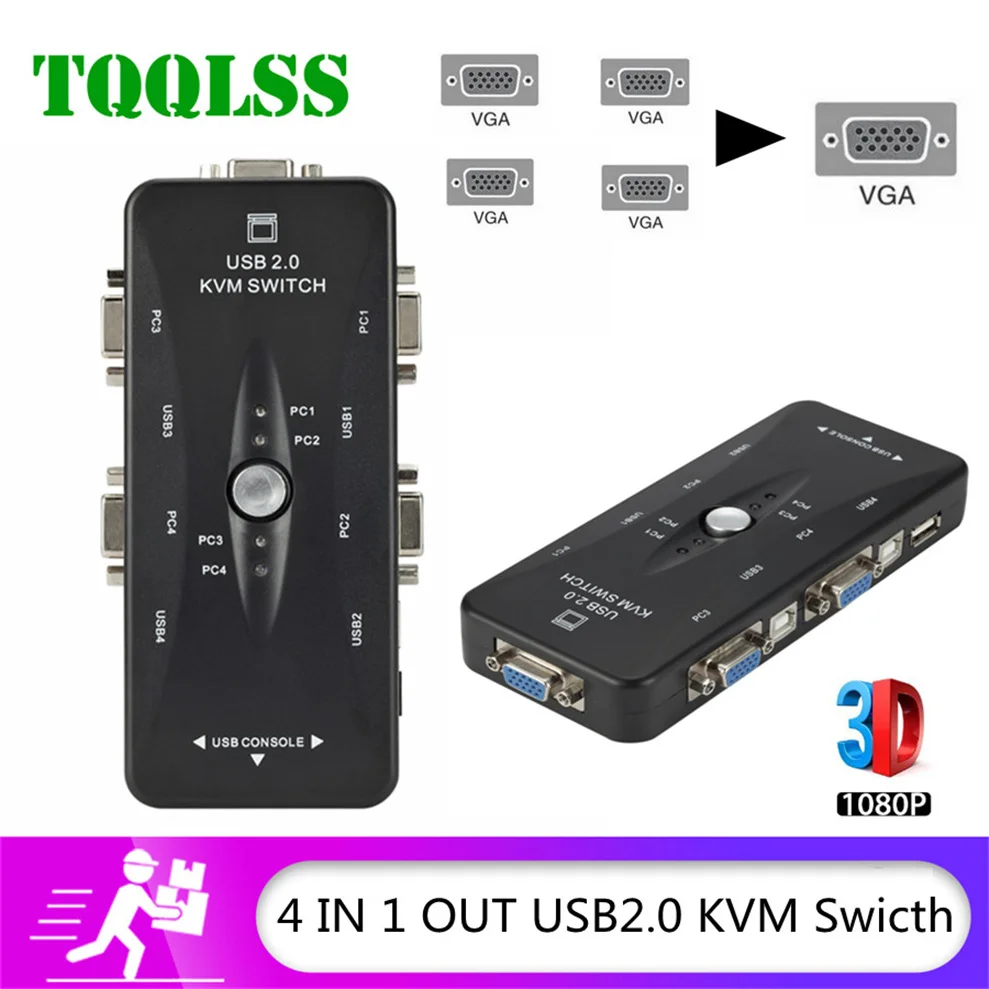 

TQQLSS 4 Port USB2.0 KVM Switch Box For Mouse Keyboard Printer Share Switcher 200MHz 1920x1440 VGA Monitor Switch Box Adapter