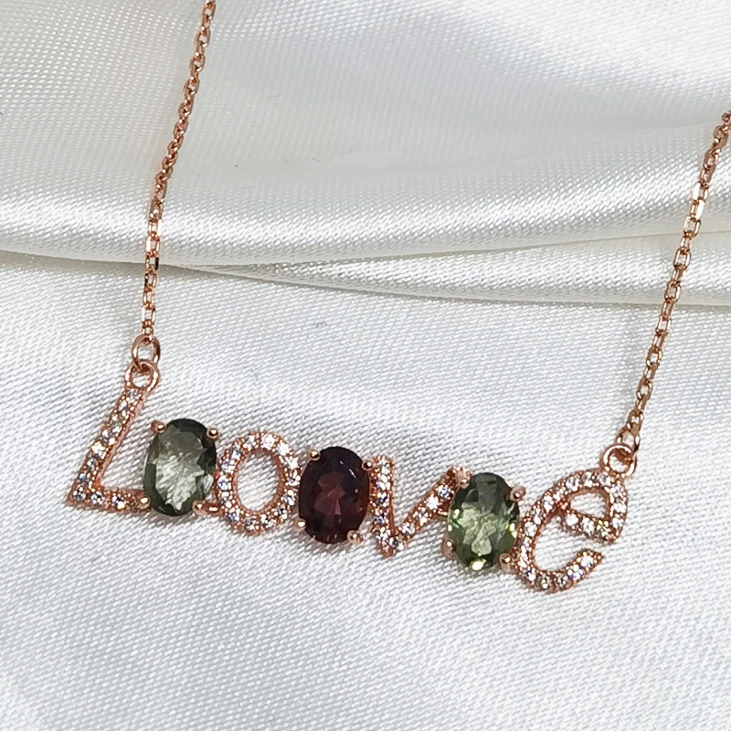 

MeiBaPJ Colorful Tourmaline "Love" Pendant Necklace with Certificate 925 Pure Silver Fine Charm Jewelry for Women