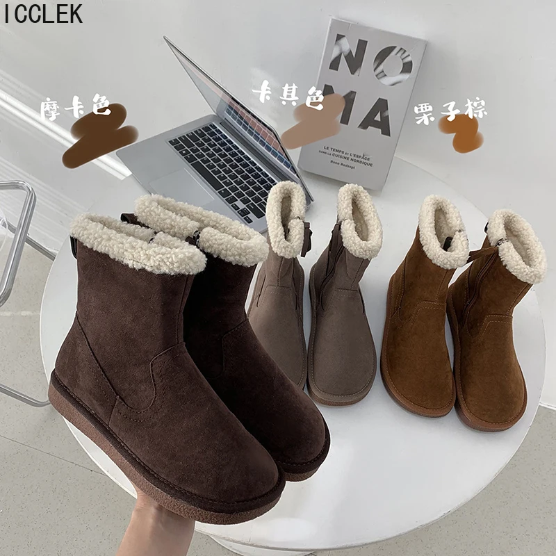 

2021 Winter Snow Boots Woman Zipper Flats Heel Bootties Round Toe Ladies Keep Warm Short Boots Female Fashion Shoes