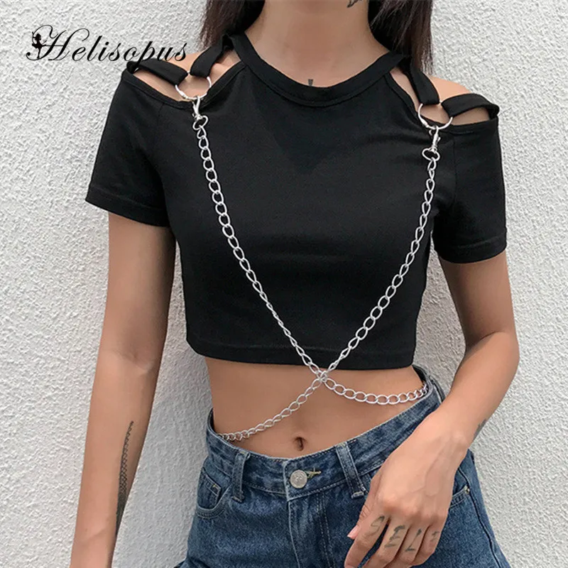 Летняя Черная Женская рубашка Helisopus в стиле панк с цепочками и круглым вырезом