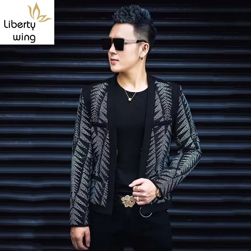 Мужская приталенная куртка в стиле панк с длинным рукавом и стразами|Мужские