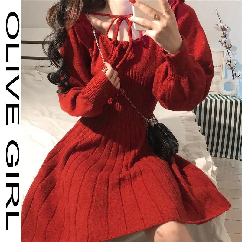 

Women Winter Elegant Kawaii Mini Dress Sweet Knitted Dress Female Japanese Style Korean Party Dress Christmas Clothes Women 2021