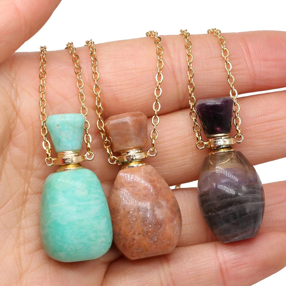 

Geometric Perfume Bottle Fluorite Rose Crystal Aventurine Natural Semi precious Stone Pendant Essential Oil Diffuser Necklace